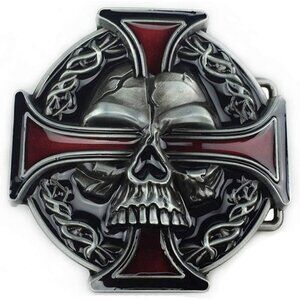 Men's Silver/red Western Skull And Celtic Cross Zinc Alloy Biker Belt Buckle